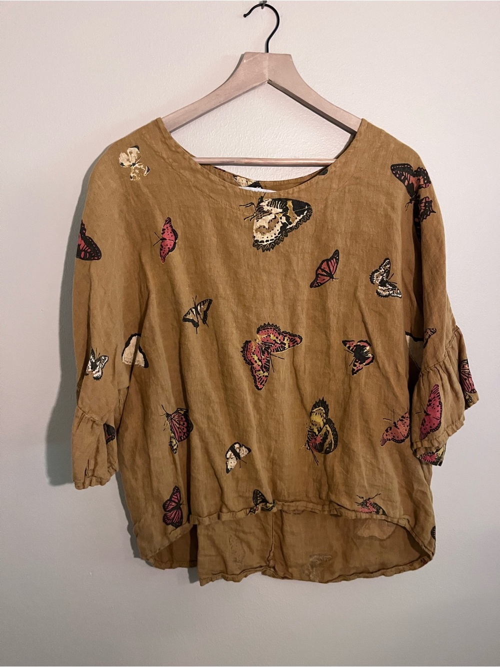 Buttercup Yellow Butterfly Print Linen Blouse